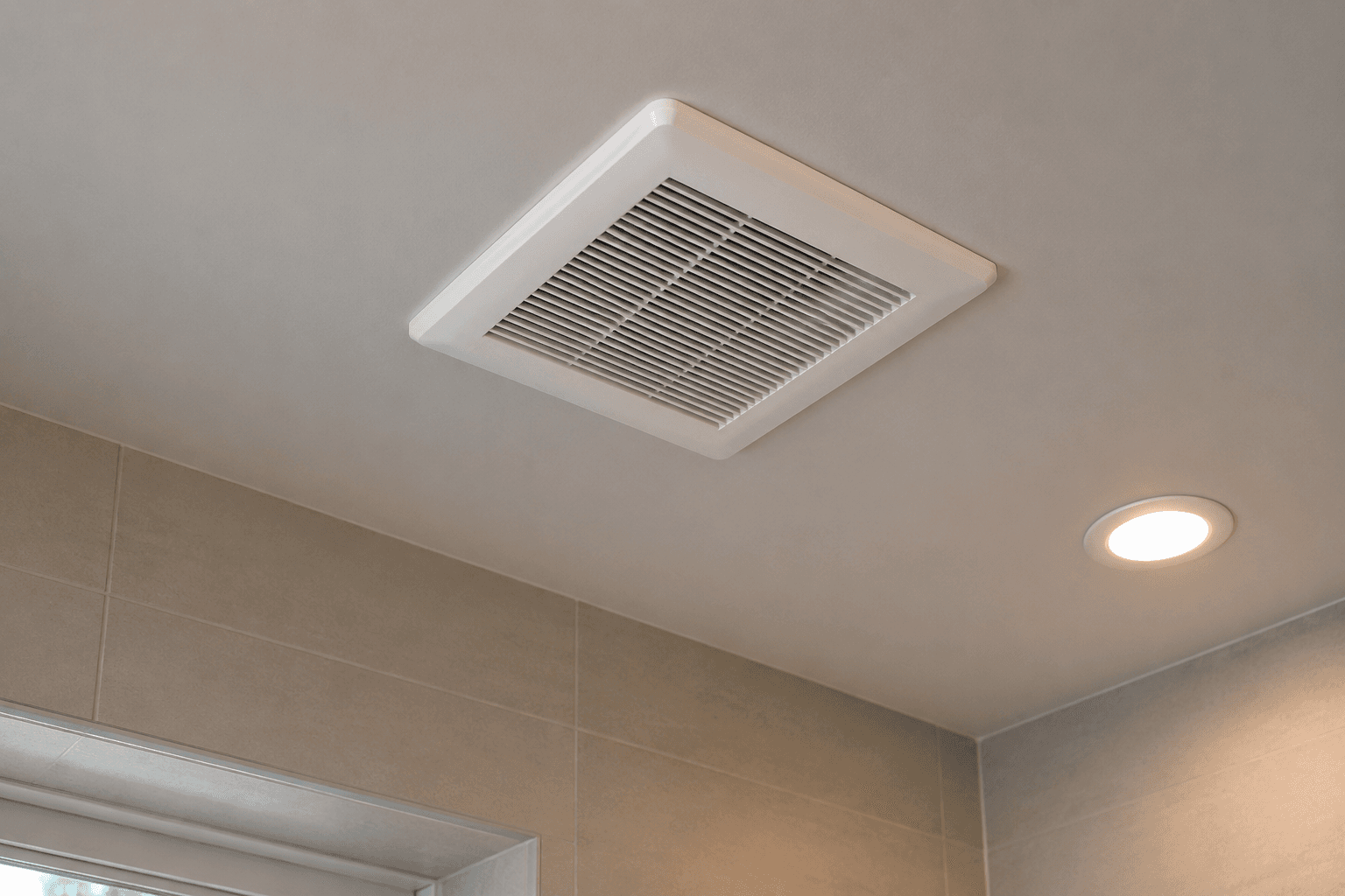 Ceiling-mounted bathroom vent with white grille beside a round recessed light. The setting is modern, with beige tiled walls conveying a clean, functional feel.