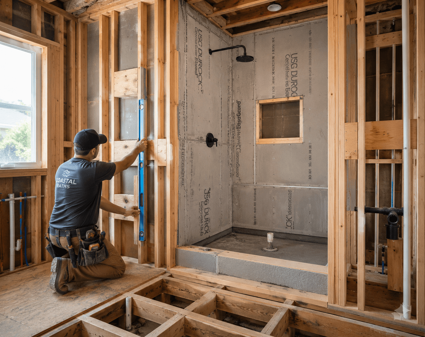 A construction worker uses a level to measure framing in a partially built bathroom. Exposed wooden beams and a shower area are visible, conveying progress.