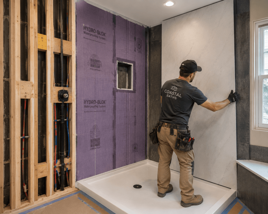 A construction worker in a Coastal Baths shirt installs a large marble-look panel in a shower with purple waterproofing and exposed plumbing.